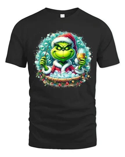 Grinch Christmas Bubble Bath Party Graphic Tee With Wine Humor - black t-shirt on white background