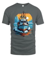 Vintage Fishing Boat Ocean Sunset Graphic T Shirt Nautical Art Tee - gray t-shirt on white background