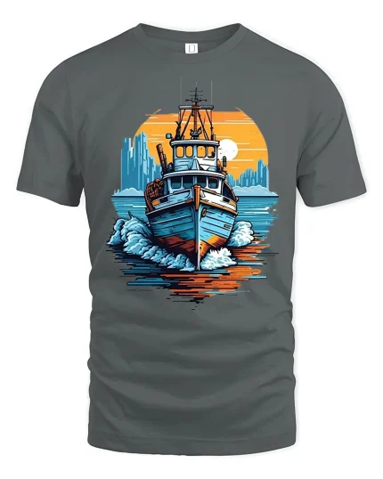 Vintage Fishing Boat Ocean Sunset Graphic T Shirt Nautical Art Tee - gray t-shirt on white background