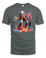 Rebel Punk Warrior Pouring Beer With British Flag Graphic Tee Shirt - gray t-shirt on white background