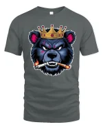 Crowned Savage Bear Smoking Cigar Fierce Attitude Graphic Tee Shirt - gray t-shirt on white background