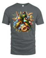 Colorful Songbird Garden Floral Art Nature Illustration Graphic Tee - gray t-shirt on white background