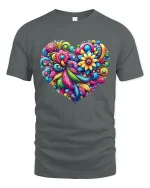 Colorful Floral Heart Art Graphic Tee With Vibrant Joyful Energy - gray t-shirt on white background