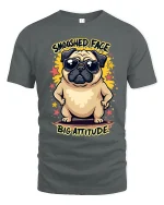 Smooshed Face Big Attitude Funny Pug Graphic Tee With Cool Vibes - gray t-shirt on white background