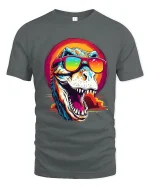 Cool Sunglasses T Rex Roar Graphic Tee With Retro Sunset Vibes - gray t-shirt on white background