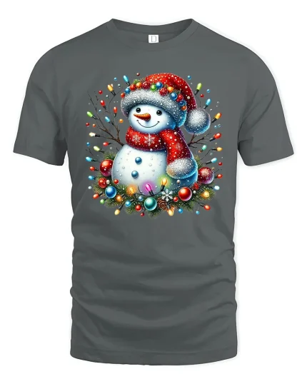 Cute Christmas Snowman With Lights Graphic T Shirt Festive Cheer Tee - gray t-shirt on white background