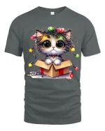Cute Christmas Kitten In Gift Box With Twinkling Lights Graphic Tee - gray t-shirt on white background