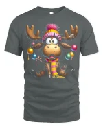 Funny Christmas Moose With Tangled Ornaments Festive Graphic Tee - gray t-shirt on white background