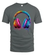Colorful Paint Splash Headphones Music Lover Artistic Graphic Tee - gray t-shirt on white background