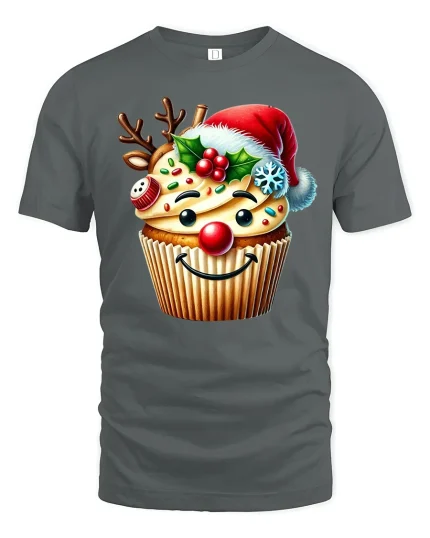 Funny Christmas Cupcake With Santa Hat Graphic T Shirt Sweet Tee - gray t-shirt on white background