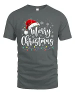 Merry Christmas Script With Santa Hat Graphic T Shirt Festive Tee - gray t-shirt on white background