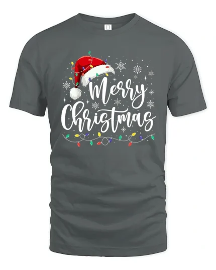 Merry Christmas Script With Santa Hat Graphic T Shirt Festive Tee - gray t-shirt on white background