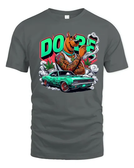 Dope Street Dog Muscle Car Graphic T Shirt Urban Cartoon Style - gray t-shirt on white background