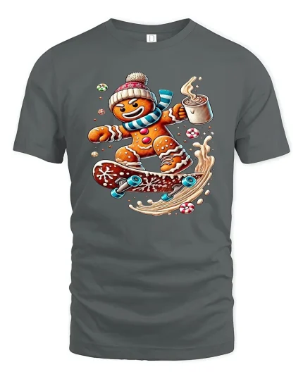 Gingerbread Skater With Hot Cocoa Funny Christmas Graphic T Shirt - gray t-shirt on white background