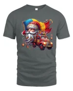 Santa Claus Driving Vintage Gift Truck Christmas Graphic T Shirt - gray t-shirt on white background