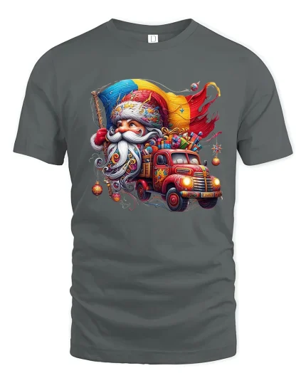 Santa Claus Driving Vintage Gift Truck Christmas Graphic T Shirt - gray t-shirt on white background