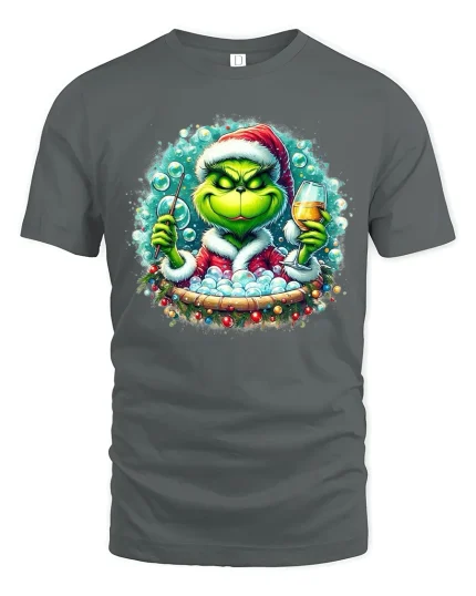 Grinch Christmas Bubble Bath Party Graphic Tee With Wine Humor - gray t-shirt on white background