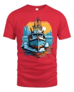Vintage Fishing Boat Ocean Sunset Graphic T Shirt Nautical Art Tee - red t-shirt on white background