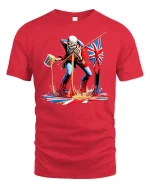 Rebel Punk Warrior Pouring Beer With British Flag Graphic Tee Shirt - red t-shirt on white background