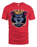 Crowned Savage Bear Smoking Cigar Fierce Attitude Graphic Tee Shirt - red t-shirt on white background