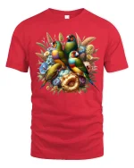 Colorful Songbird Garden Floral Art Nature Illustration Graphic Tee - red t-shirt on white background