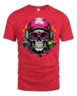 Neon Skull DJ Headphones Street Art Music Graphic Tee - red t-shirt on white background