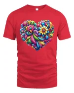 Colorful Floral Heart Art Graphic Tee With Vibrant Joyful Energy - red t-shirt on white background