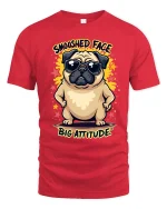 Smooshed Face Big Attitude Funny Pug Graphic Tee With Cool Vibes - red t-shirt on white background