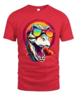 Cool Sunglasses T Rex Roar Graphic Tee With Retro Sunset Vibes - red t-shirt on white background