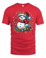 Cute Christmas Snowman With Lights Graphic T Shirt Festive Cheer Tee - red t-shirt on white background