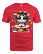 Cute Christmas Kitten In Gift Box With Twinkling Lights Graphic Tee - red t-shirt on white background