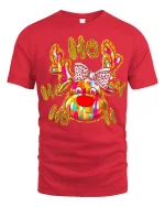 Ho Ho Ho Colorful Reindeer With Bow Funny Christmas Graphic Tee - red t-shirt on white background
