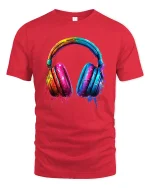 Colorful Paint Splash Headphones Music Lover Artistic Graphic Tee - red t-shirt on white background