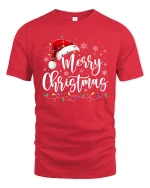 Merry Christmas Script With Santa Hat Graphic T Shirt Festive Tee - red t-shirt on white background