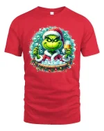 Grinch Christmas Bubble Bath Party Graphic Tee With Wine Humor - red t-shirt on white background