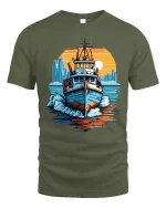 Vintage Fishing Boat Ocean Sunset Graphic T Shirt Nautical Art Tee - military green t-shirt on white background