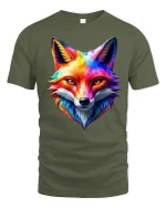 Colorful Watercolor Fox Face Artistic Wildlife Graphic Tee Shirt - military green t-shirt on white background