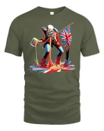 Rebel Punk Warrior Pouring Beer With British Flag Graphic Tee Shirt - military green t-shirt on white background
