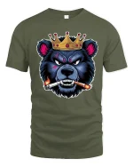 Crowned Savage Bear Smoking Cigar Fierce Attitude Graphic Tee Shirt - military green t-shirt on white background
