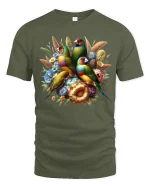Colorful Songbird Garden Floral Art Nature Illustration Graphic Tee - military green t-shirt on white background