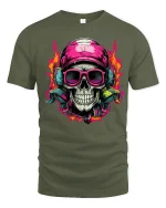 Neon Skull DJ Headphones Street Art Music Graphic Tee - military green t-shirt on white background