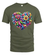 Colorful Floral Heart Art Graphic Tee With Vibrant Joyful Energy - military green t-shirt on white background