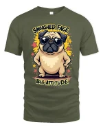Smooshed Face Big Attitude Funny Pug Graphic Tee With Cool Vibes - military green t-shirt on white background