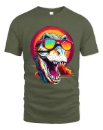 Cool Sunglasses T Rex Roar Graphic Tee With Retro Sunset Vibes - military green t-shirt on white background