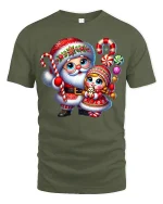 Cute Santa And Little Girl Christmas Candy Magic Graphic Tee - military green t-shirt on white background