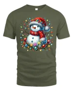 Cute Christmas Snowman With Lights Graphic T Shirt Festive Cheer Tee - military green t-shirt on white background