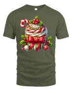 Festive Christmas Cupcake Candy Cane Holiday Delight Graphic Tee - military green t-shirt on white background