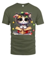 Cute Christmas Kitten In Gift Box With Twinkling Lights Graphic Tee - military green t-shirt on white background