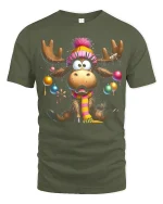 Funny Christmas Moose With Tangled Ornaments Festive Graphic Tee - military green t-shirt on white background