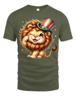 Cute Patriotic Lion With Uncle Sam Hat Funny Cartoon Graphic Tee - military green t-shirt on white background